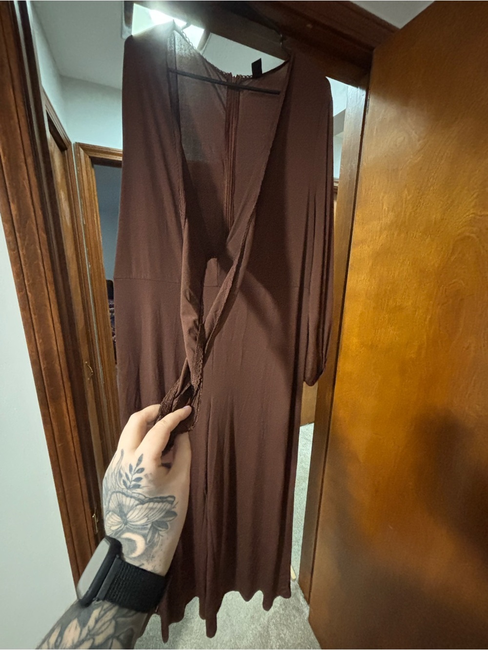 Brown Long Sleeve Romper with V-Neck Tie - Picture 2 of 4